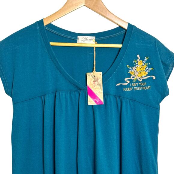 Locher's Paris Size Large Teal Embroidered I Ain't Your Effen Sweetheart Shirt - Picture 2 of 10